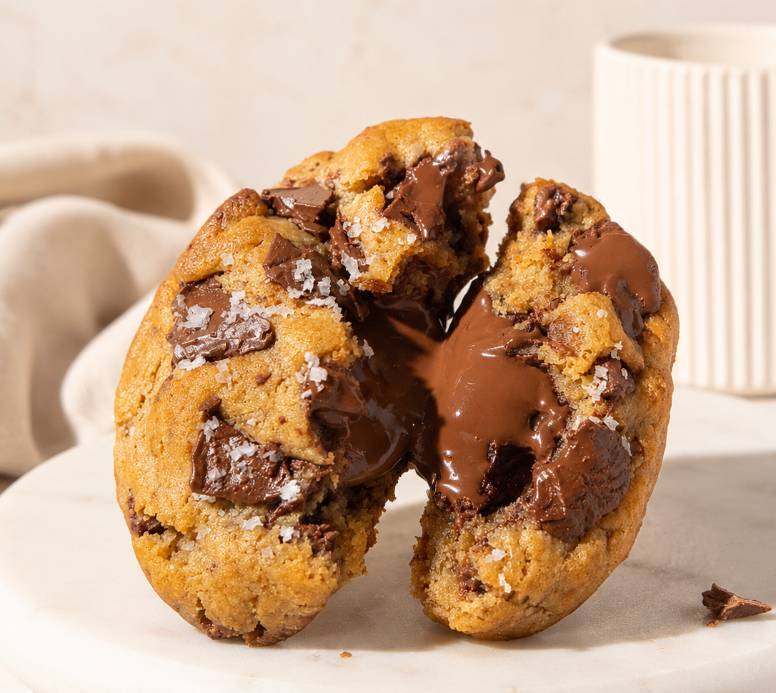 Cookie Laka Oreo cortado ao meio, recheio cremoso aparecendo